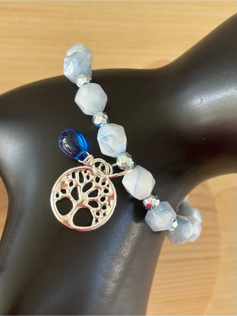 Blue Chalcedony & Blue Hematite Bracelet with Tree of Life